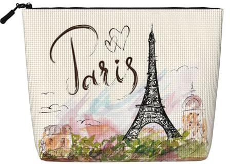 Eiffel Tower Cosmetic Organizer Large Fake Hemp Bag, Water Resistant Zippered Pouch for Daily Travel