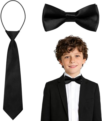 URAQT Kids Pre-Tied Bow Tie & Necktie Set,Adjustable Satin Formal Accessory | Silky satin matching pre-tied set with adjustable straps. Ideal for school, weddings, graduation ceremonies and formal events
