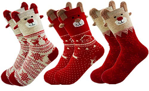 MAKFORT 3 Paar Weihnachtssocken Damen Winter Warme Mädchen Weihnachtssocken Rentier Schneeflocke Socken Für Frauen