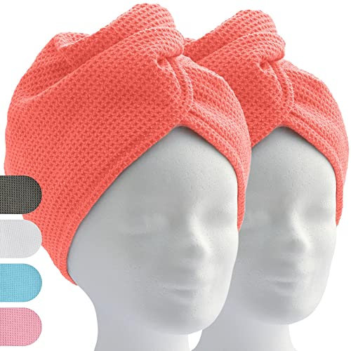 ELEXACARE Haarturban, Turban Handtuch mit Knopf (2 Stück Coral), Mikrofaser Handtuch für Kopf und Lange Haare