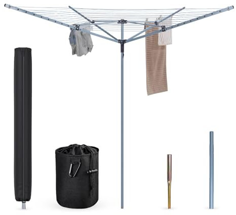 BLADO Rotary Washing Line 4 Arm 60M Washing Line Rotary with Peg Bag Rotary Clothes Lines for Outside, Whirlygig Clothes Airer Outdoor Comes with Cover & Metal Ground Spike (60M)