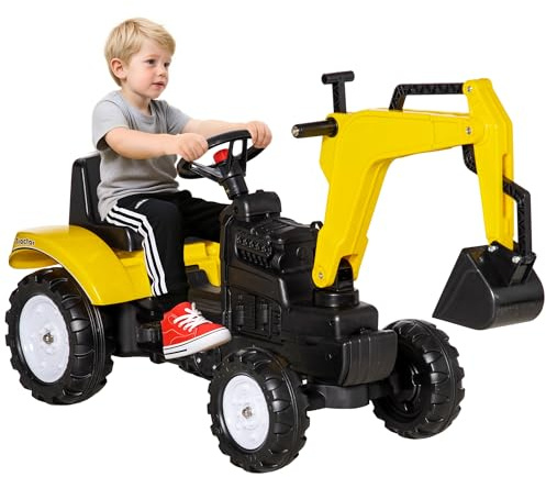Aosom Kids Ride On Excavator, Pedal Digger, Construction Truck with Horn for Kids and Toddlers 3+, Yellow