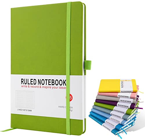 A5 Notebook, Journal Note Pad 200 Pages 80 GSM Journal Notebook Hardback Notepad with Lined Pages, Pen Loop and Expandable Paper Pocket, Journal Notepad Note Book-Grass Green