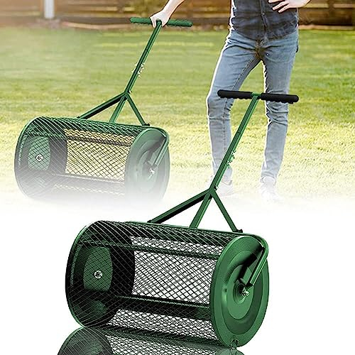 Kompoststreuer Rasenstreuer Streuwagen mit T-Griff & Metallnetzkorb Gartenstreuer Rasendünger Handstreuer Komposter Metall Düngerstreuer für Rasen und Garten,15.7 * 24in-Green