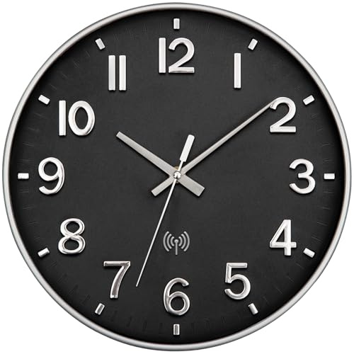 NESIFEE Reloj de pared radiocontrolado por radio, silencioso, reloj de pared inalámbrico, sin tictac, 30 cm, grande, diseño moderno, reloj de salón, cocina, decoración, salón, cuarto de baño, radio de