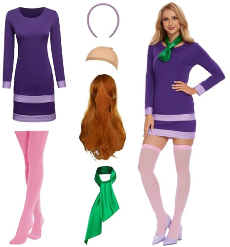 AJGEGJE Daphne kostym för kvinnor, vuxenklänning med halsduk, peruk, för fester, karneval och halloween cosplay