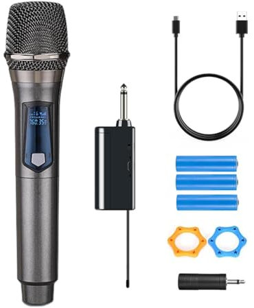 HUACAM A Single Handheld Wireless Microphone, Equipped with a Rechargeable Receiver and 3.5mm Adapter, Wireless Microphone, Suitable for Karaoke and Vocals, Grey (03)