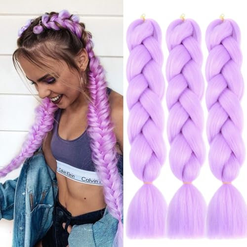 Cabello sintético lila claro para trenzar 24 pulgadas, 3 paquetes de extensiones fáciles jumbo preestiradas