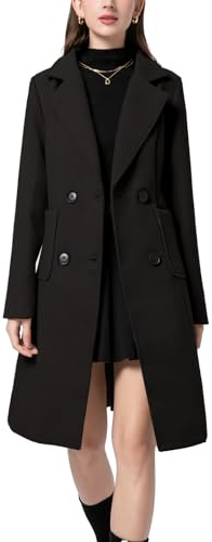 Vanchenl Manteau d'hiver en laine mélangée pour femme, col cranté, double boutonnage, revers mi-long, veste d'extérieur, Noir , M