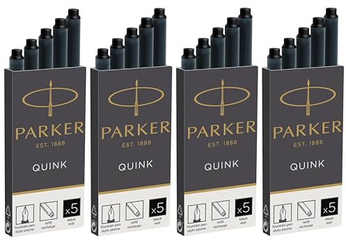 Parker Quink Long Black Ink Cartridges | Fountain Pen Refills | Pack of 20