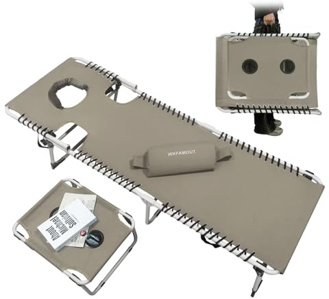 WKFAMOUT Sonnenliege Klappbar mit Loch für Gesicht und Arme 5-Stufig Verstellbarer Rückenlehne Strandliege Campingliege Gartenliege Relaxliege mit Klapptisch Kissen 190x59CM Khaki