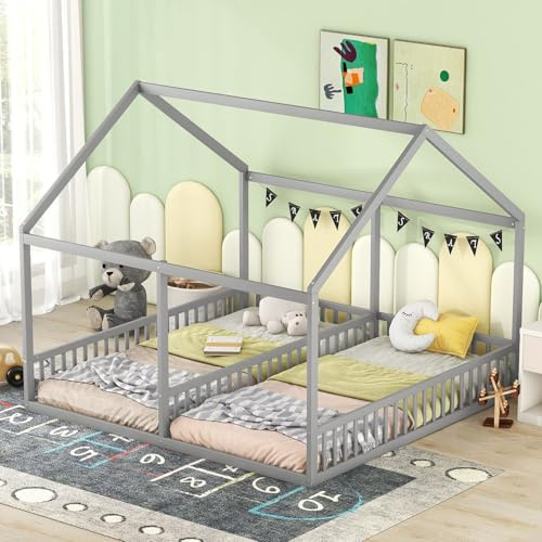 KOMHTOM 2 en 1 90x200CM Cabane Lit d'enfant avec Clôture de Sécurité, Lit de Maison avec Sommier à Lattes en Bois, Cadre de lit(sans Matelas) (Gris)