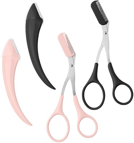 Adiwo 4 Piezas Tijeras de Cejas y Maquinilla de Afeitar, 2 Tijeras para Recortar Cejas con Peines y 2 Maquinilla, Tijeras para Cuidado del Cabello, Cuchilla Facial Mujer, Mujeres y Hombres