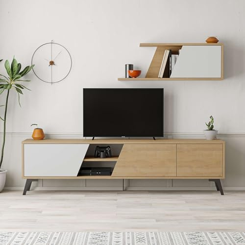 Totò Piccinni Parete Tv LOFT Porta TV mobile salotto multiuso composizione soggiorno 180x35,6 (Naturale/Bianco)