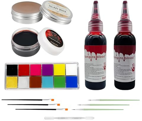 12 Piezas kit Maquillaje Halloween, 12 Colores Paleta Efectos Especiales Halloween Makeup con Sangre Falsa Ceras Cicatrices Pinceles Kit Pintura Cara para Adulto Teatro Cosplay Pintura Corporal