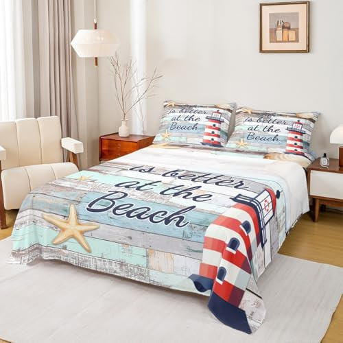 Erosebridal Lighthouse King Size Sheet Set, Beach Starfish Flat Fitted Sheet for Kids Boys Teens Adult Women, Country Farmhouse Bed Sheets Wooden Door Fences Vintage Bedding Set with 2 Pillow Cases