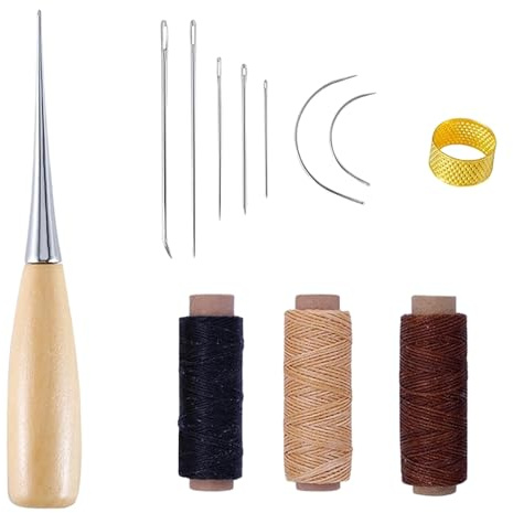 12 Pcs Leather Sewing Kit with 12m Waxed Thread - Upholstery Needles, Cord Drilling Awl & Thimble for Leather Repair, Canvas Stitching, Bookbinding and DIY Crafts