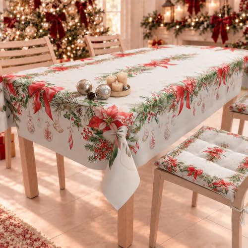 PETTI Artigiani Italiani - Christmas Tablecloth Stain Resistant Rectangular Table Cover for Kitchen, Wreath Design, 140x300 cm, 100% Made in Italy