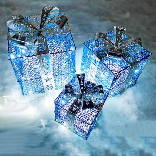 Ensemble De 3 Boîtes-Cadeaux De Noël avec Arcs Noël en Plein Air Décorations De Boîte Cadeau Lumineuse en Plein Air Art De Fer Creusé pour La Décoration De Noël De La Maiso, Blue