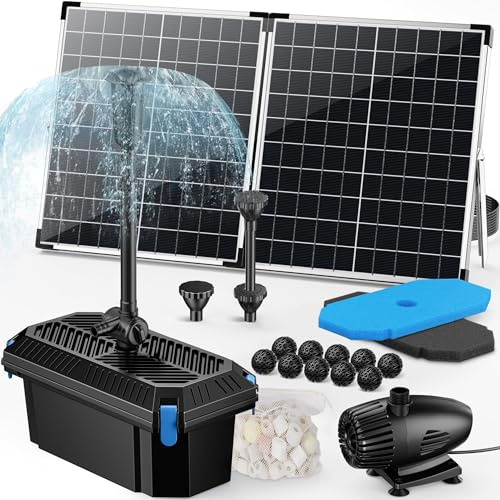 POPOSOAP Filtro solar para estanque de 55 W, fuente solar con caja de filtro (2000 L/h), flujo ajustable para estanques koi, accesorios de agua de jardín y tratamiento de agua para estanques de