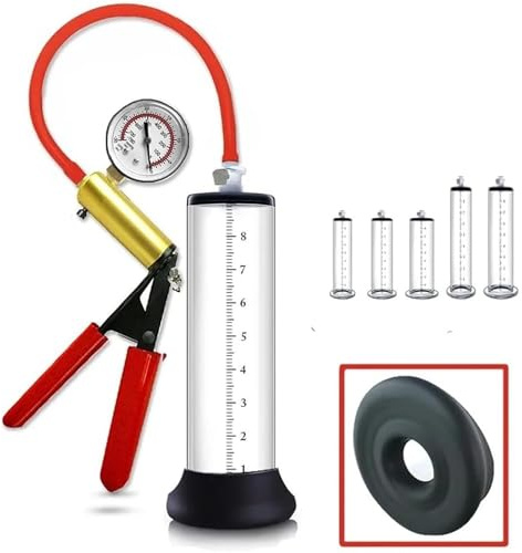 Pompa for pene con manometro a vuoto, manico rosso, pompa manuale for pene uomo, ingrandimento, ingrandimento del con 12 misure for uomo(9 * 3.0in/23 * 7.6cm)