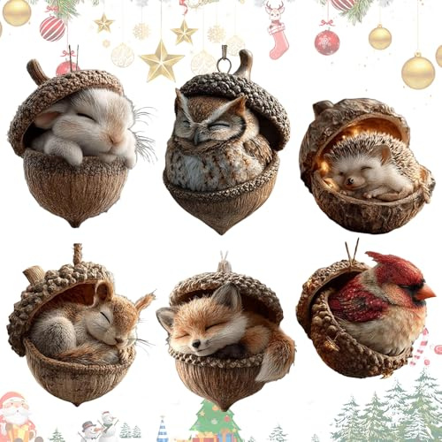 6PCS Forest Animal Acorn Ornaments Cozy Forest Christmas Ornaments, 2D Pine Cone Animal Decoration, Woodland Creature Hanging Ornament, Acrylic Hanging Ornament for Home Decor