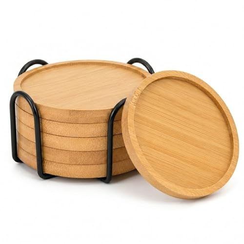 6 Unidades Posavasos Bambú Redondos con Soporte, Reutilizable Antideslizante Resistente al Calor Protección Mesa, para Vasos Tazas Café Bebidas Bar Cocina Hogar Decoración