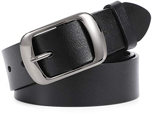JASGOOD Women Leather Belts for Jeans Pants Fashion Dress Belt for Women with Solid Pin Buckle, Brushed Black, L, Fit waist 37-42