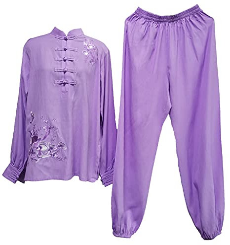 ZHOUXIAO Frau Bestickt Taichi Uniform Kinder Mädchen Kung Fu Anzug Lange Ärmel Baumwolle Leinen Kampfkunst Uniform Performance Wear Wing Chun Taichi Kleidung Set XL