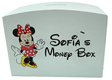 Minnie Mouse Money Box Personalised New Baby Saving Gift Disney Christening (Painted White)