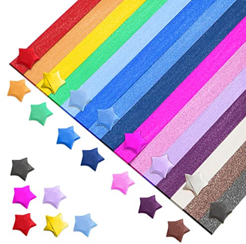 Modixun 525 Blatt Glitzer Origami Stern Papierstreifen, glänzendes Origami Sterne Papier, buntes Glücksstern Faltpapier für DIY Kunst Bastelbedarf, 15 Glitzerfarben