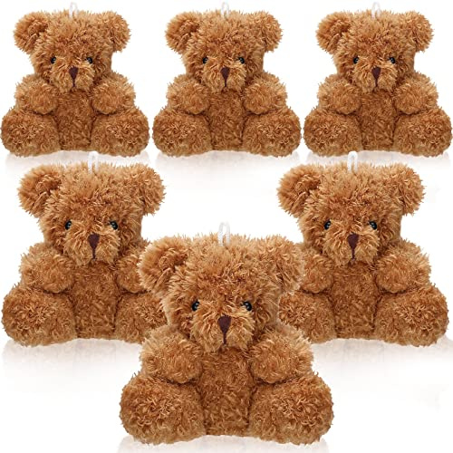 Aoriher 6 Mini Osos de Peluche Juguetes de Animal Pequeños de 4 Pulgadas Muñecos de Osos de Felpa Suaves para Baby Shower Cumpleaños Graduación Fiestas Recuerdos Suministros (Marrón)