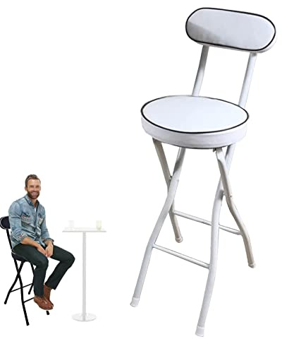 Barhocker Klappbar, Barstuhl mit Rückenlehne und Fußstütze, Küchenstühle Rund, PU Gepolstert Bistrohocker Aus Metall, Tresenhocker für Speisesaal, Theke, Café, Bar (Color : White, Size : 55cm/22inch
