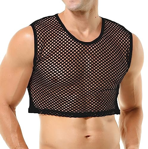 QiaTi Herren Fischnetz-Shirts Mesh Crop Tank Tops Durchsichtige Rundhalsausschnitt ärmellos Sexy Muscle Tee