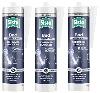 Sista Bad Schimmelblocker Silikon, Sanitärsilikon für neuen Glanz im Bad, Schimmelblocker mit 4-fachem Schimmelschutz, antibakterielle Dichtmasse für viele Materialien*, 3x280ml Kartusche, hellgrau