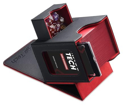 Mage Tech Commander Deck Box per MTG - Design Brevettato, Vetrina Commander, Adatta a 100 Carte Double-Sleeve, Porta Carte Magnetico da 35pt & Vassoio per Dadi - Nero/Rosso