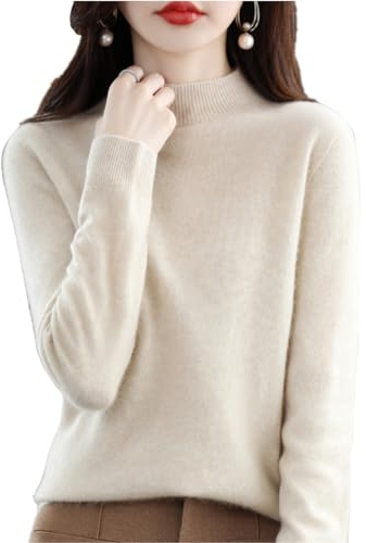 CUSON Suéteres de Cachemira para Mujer, 100% Cachemira, Manga Larga, Cuello Redondo, suéter de Punto Suave y cálido, Beige, S