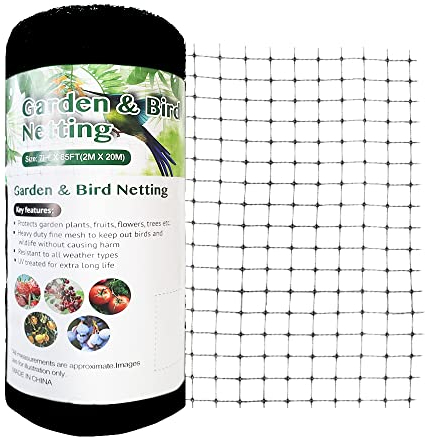 Vocray Malla Antipajaros 4x12M, Malla Plastico Jardin para Proteger Plantas, Vegetales, Frutales, Tomates, Fresas, Malla Jardin Exterior Barrera contra Plagas, 19x19mm Malla Cuadrada(Negro)