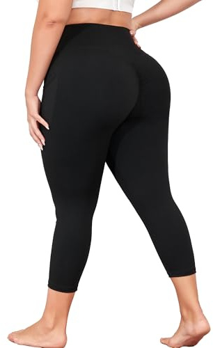 Plus Size Capri Leggings with Pockets, Womens Black Yoga Pants Tummy Control, Butt Lifting Workout Clothes Stretchy Gym Capris High Waist 3X