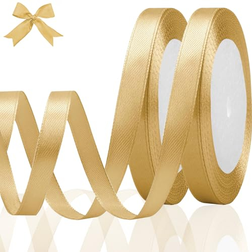 luckaide Satinband Gold 10mm, 44 Meters Dekoration Geschenkband breit Schleifenband, Stoffband für Hochzeit, Taufe und Geburtstag Geschenke