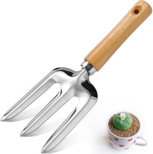 Garden Hand Fork, Aluminum Alloy Hand Fork with Wood Handle for Planting Transplanting Weeding, Polish Smooth and Easy to Clean
