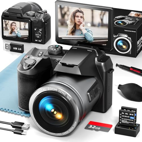 Monitech 64MP Digital Camera for Photography, 4K Vlogging Camera for YouTube with 3’’ Flip Screen,16X Digital Zoom,WIFI& Autofocus,2 Batteries, 32GB TF Card (S200,Black)