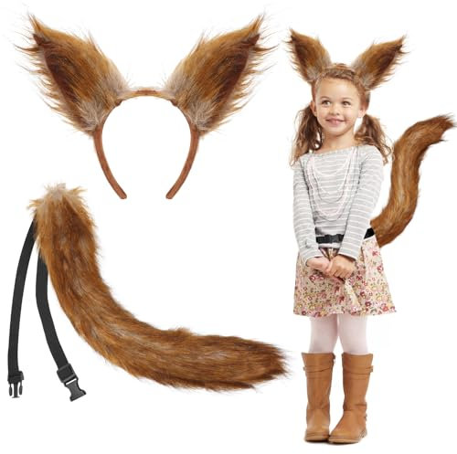 XEPST Tier Eichhörnchen Kostüm Set, Eichhörnchenohren und Schwanz Set mit Ohren Stirnband und Schwanz für Tier Kostüm Cosplay Geburtstagsfeier Welttag Halloween Karneval Fasching Party Supplies