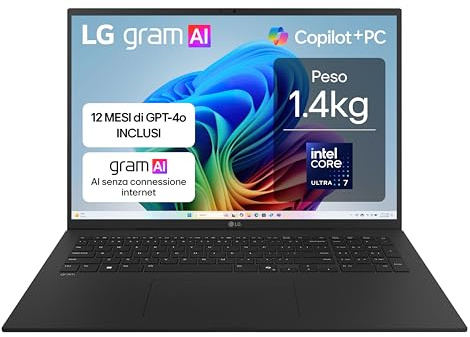 LG gram AI 17Z90TL Copilot+ PC, Notebook 17 2.5K, Intel Core Ultra 7 (Serie 2) 256V, 16GB RAM, 512GB SSD, AI PC, Ultraleggero solo 1.4 kg, Batteria 77Wh, Windows 11 Home, Tastiera italiana, Nero