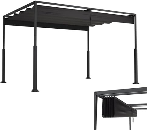 Pérgola LZQ Cenador 3 x 4 m con marco de acero estable y techo corredizo ajustable, techo de poliéster PA resistente al sol para jardín y terraza (negro)