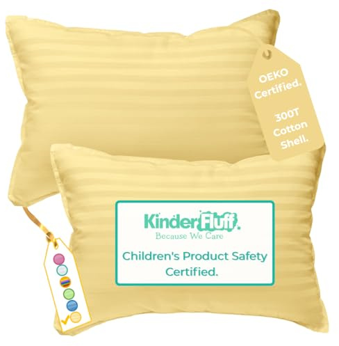 kinder Fluff Almohada Infantil 2X – Almohada Bebé y Niños Hipoalergénica Certificada y Premiada (no Necesita Funda) Algodón 300 Hilos + Relleno Down Alternative Kids Pillow Toddler 2+ Años Amarillo