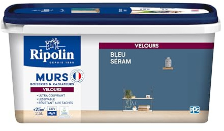 RIPOLIN - Peinture Intérieure Multi-Supports – Murs, Boiseries & Radiateurs – Ultra couvrante - Monocouche - Confort d'application - Aspect Velours - Bleu Seram - 2,5L