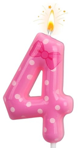 SAVITA Candela Compleanno con Fiocco Rosa, Pois Bianchi Candela con Numero a Forma Cartone Animato Grazioso Fiocco Rosa Decorazione per Torta di Compleanno Decorazione per Torta (Numero 4)