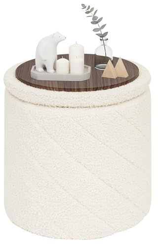 PINPLUS Round Ottoman Storage Box, Folding Stool, White, 33x33x35 cm | Compact Vanity Stool, Padded & Soft Boucle, Converts to Coffee Table/Footstool, for Living Room, Bedroom, Dressing Room