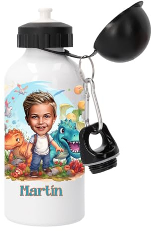 Kembilove Botella Dinosaurios Personalizada con Nombre y Caricatura – Aluminio 500 ml – Cantimplora Infantil Antiderrame – Regalo para Colegio, Deporte y Excursiones